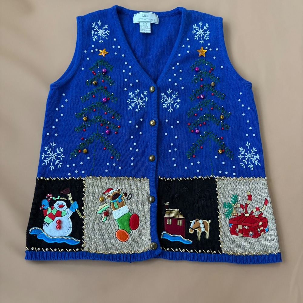 Lisa International Blue Christmas‎ Sweater Vest Snowman Reindeer Small Holiday